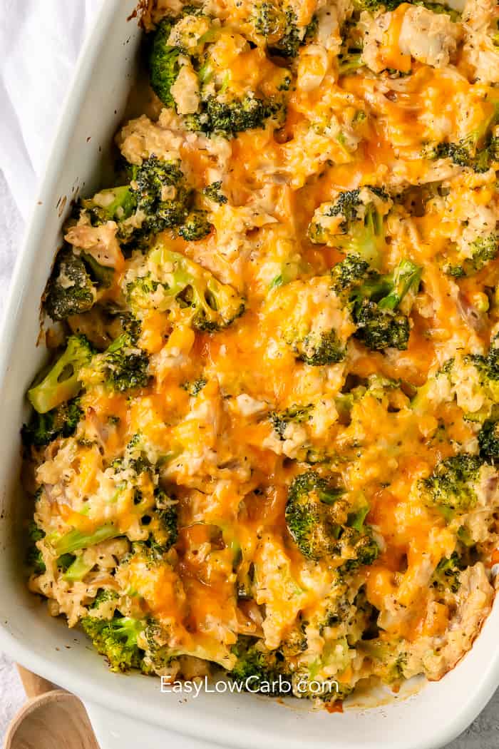 Baked low carb chicken broccoli casserole in a white casserole dish