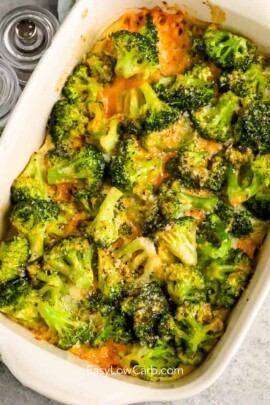 Baked Low Carb Broccoli Casserole in a white baking dish