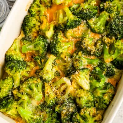Baked Low Carb Broccoli Casserole in a white baking dish