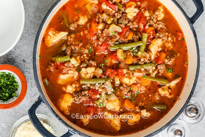 top view of finished Hamburger Soup in a pot