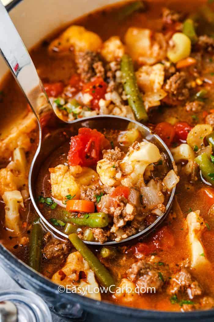 Hamburger Soup in the pot cooked with a laddle