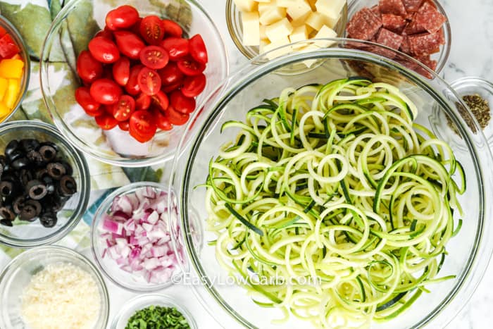 top view of ingredients to make Italian zucchini salad