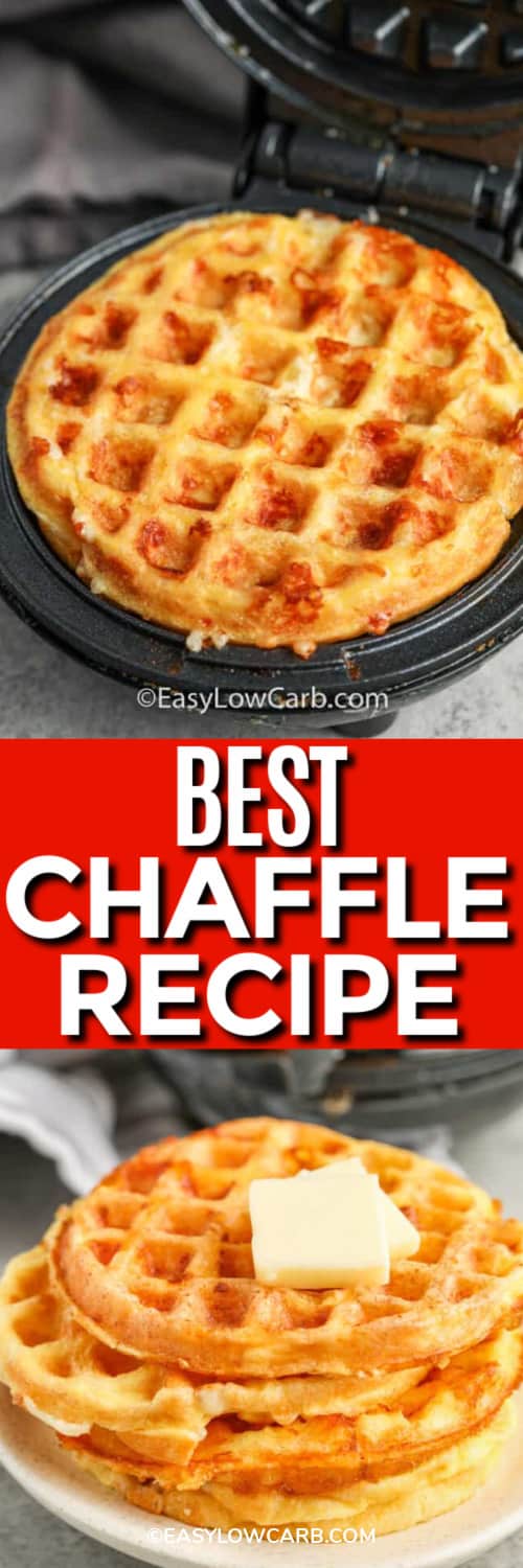 a cooked chaffle in a waffle iron, and a stack of chaffles on a white plate under the title