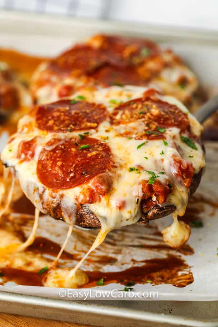 close up of Portobello Mushroom Pizza on a baking sheet