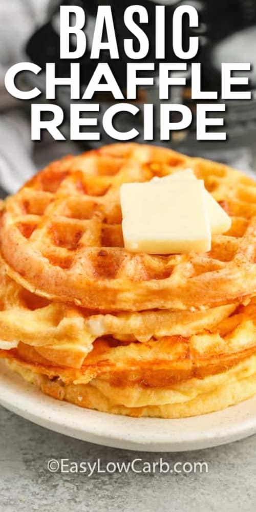 a stack of chaffles on a white plate with a title