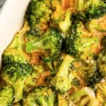 Baked Low Carb Broccoli Casserole in a white baking dish with a title