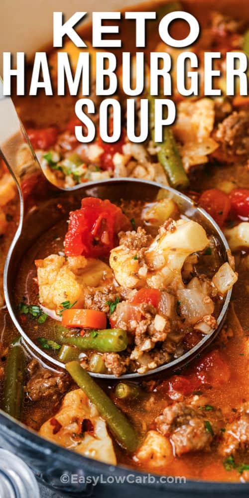 close up of cooked Hamburger Soup in the pot with a title