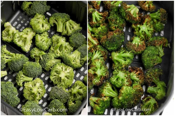 Broccoli washed and ready to cook, and Air Fryer Roasted Broccoli cooked and ready to serve.