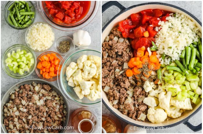 Ingredients assembled to make Keto Hamburger Soup, and all the ingredients in a pot