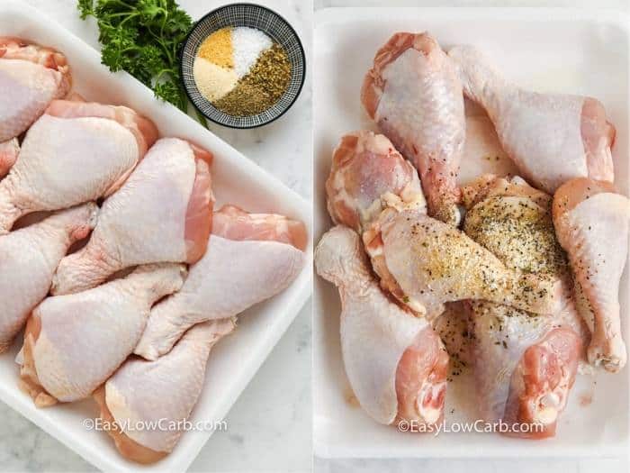 process of seasoning chicken to make Air Fryer Drumsticks