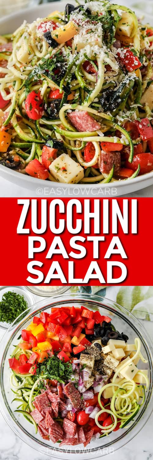 Italian zucchini salad in a white bowl, and ingredients assembled under the title.
