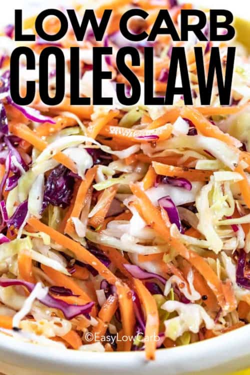 Coleslaw in a white bowl with a title.