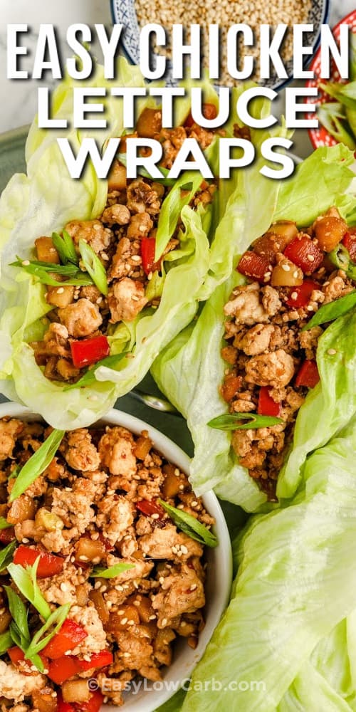 Chicken Lettuce Wraps with a bowl of filling on the side, with a title