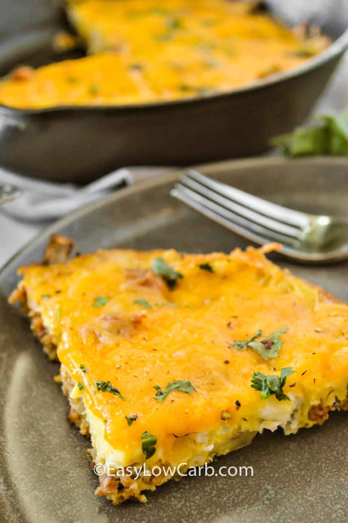 Cheesy Chorizo Frittata on a plate with a fork