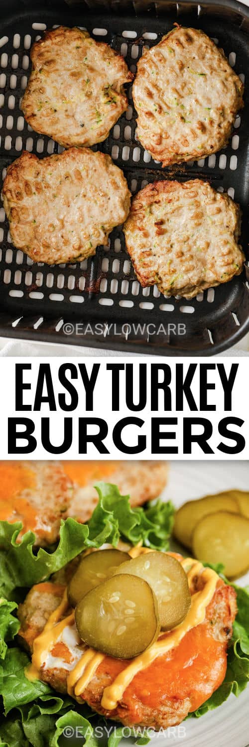 Easy Turkey Burgers in the air fryer and plated with a title