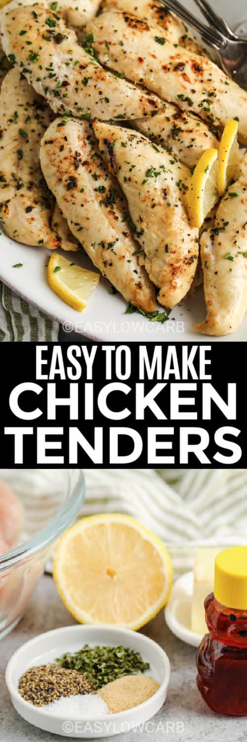 ingredients to make Low Carb Chicken Tenders with plated dish and a title