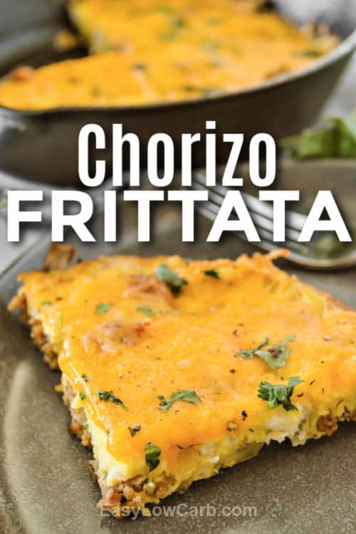 Cheesy Chorizo Frittata on a plate with writing