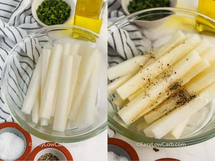 process of adding spices to Air Fryer Daikon Fries