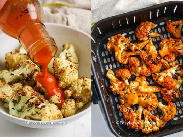 process of adding hot sauce to cauliflower and air fryer to make Buffalo Cauliflower Air Fryer Recipe