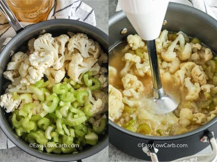 process of adding ingredients to pot to make Low Carb Cauliflower and blending