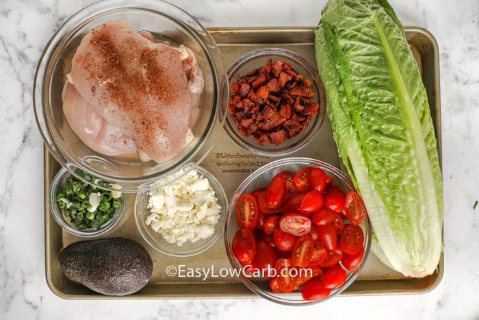 ingredients in bowls to make BLT Chicken Salad