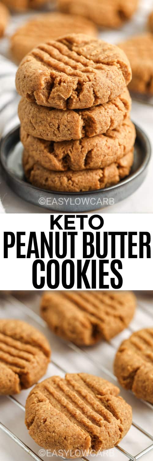 Keto Peanut Butter Cookies on a cooking rack and in a pile with a title
