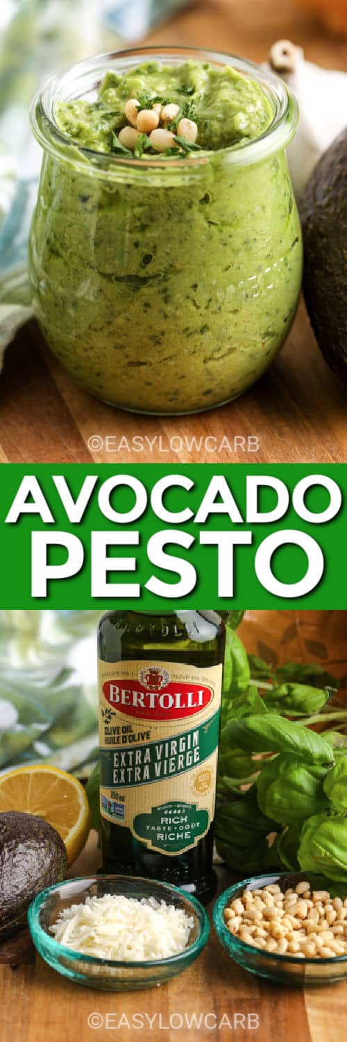 Avocado Pesto in a jar and the ingredients on a table with a title