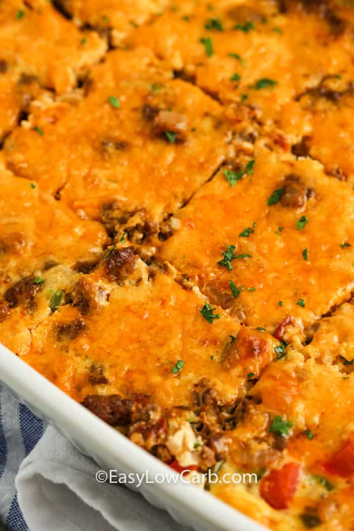 close up of Low Carb Taco Casserole cut into pieces