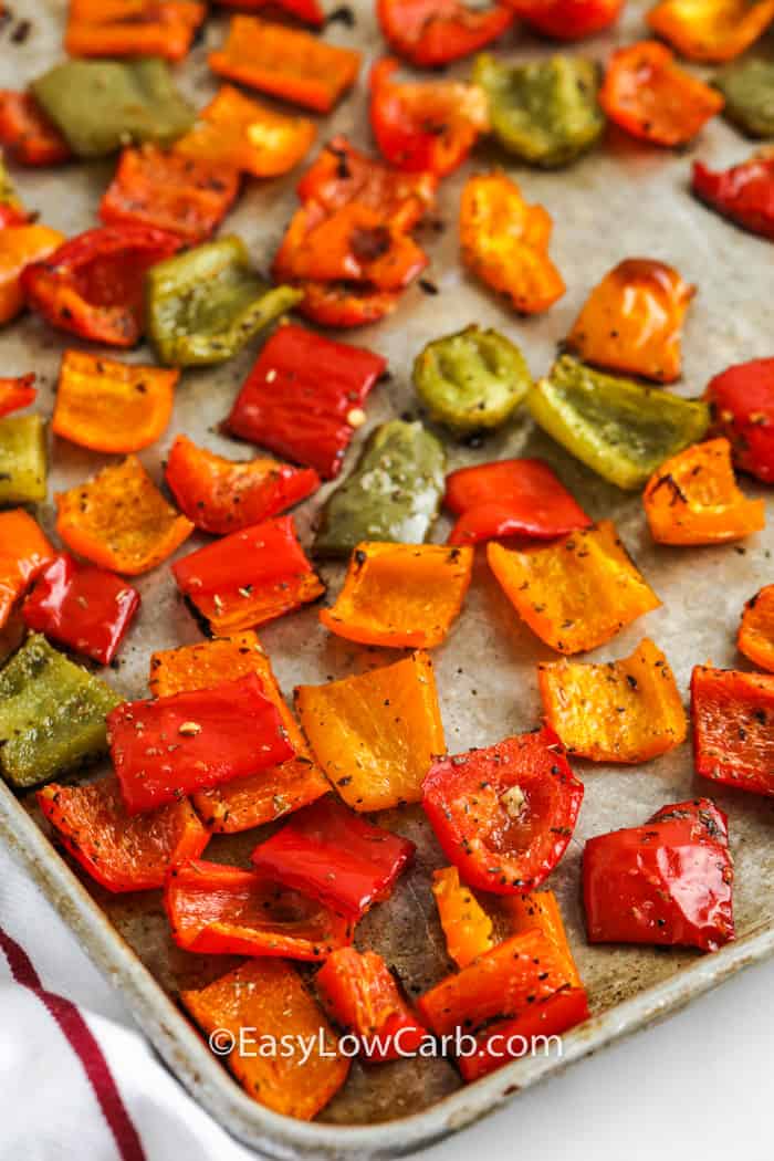 cooked Roasted Bell Peppers on a baking sheet