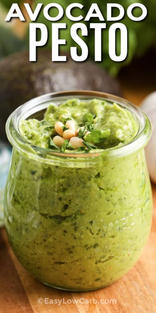 Avocado Pesto in a jar with a title