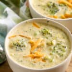 Two bowls of Homemade Broccoli Cheddar Soup
