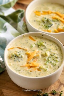 Two bowls of Homemade Broccoli Cheddar Soup