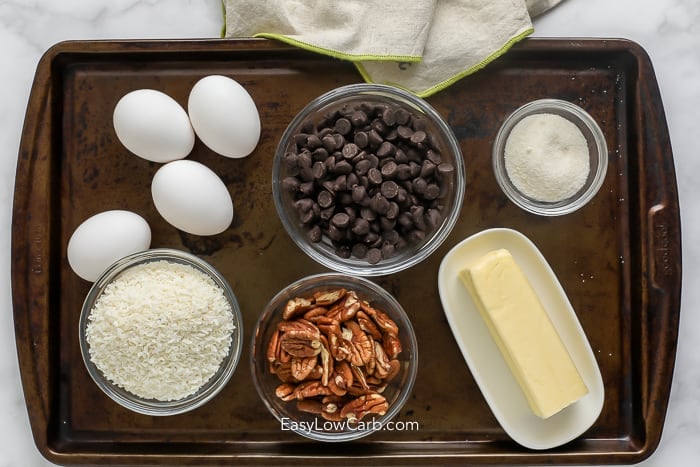Ingredients on a baking sheet ready to make Chocolate Coconut Cookies