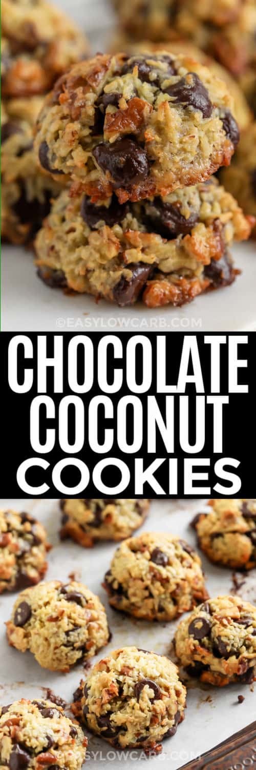 Two Chocolate Coconut Cookies on top of one another, and cookies on a baking sheet under the title