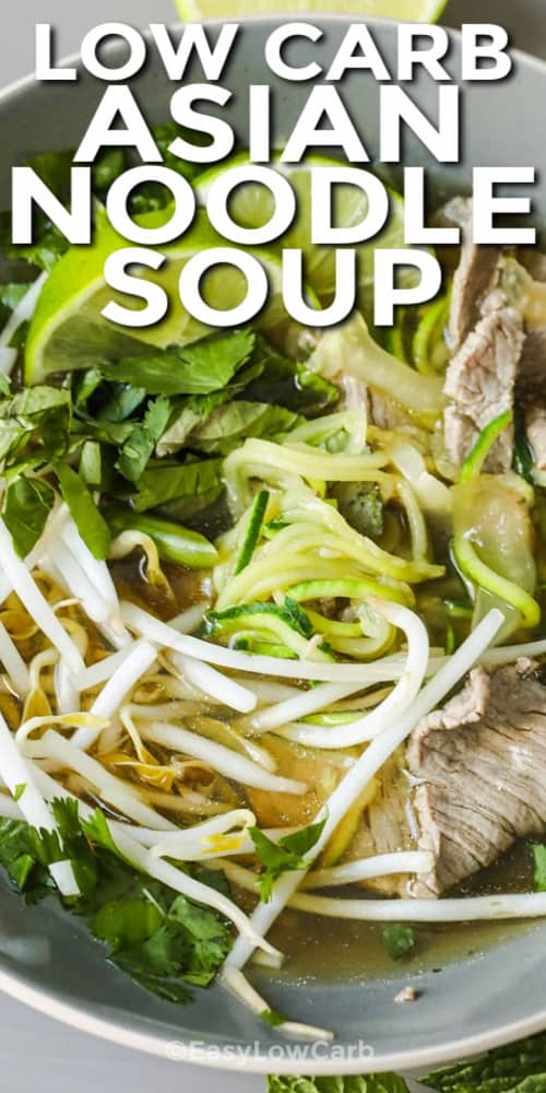 Low Carb Asian Noodle Soup in a grey bowl with writing.