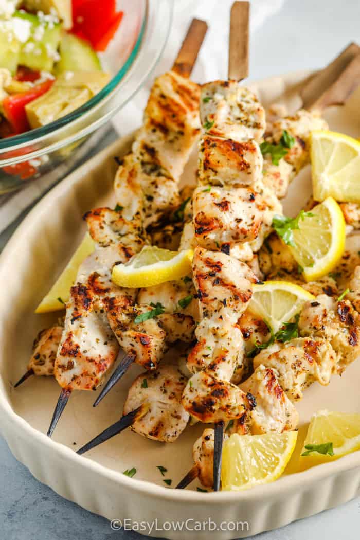 cooked Chicken Souvlaki Recipe on skewers