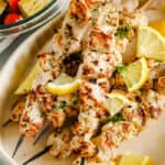 plated Chicken Souvlaki Recipe with lemon