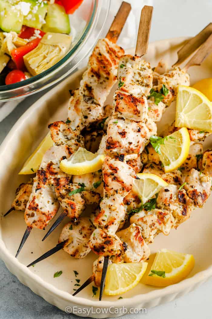 plated Chicken Souvlaki Recipe with lemon