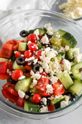 greek salad in a bowl with feta cheese