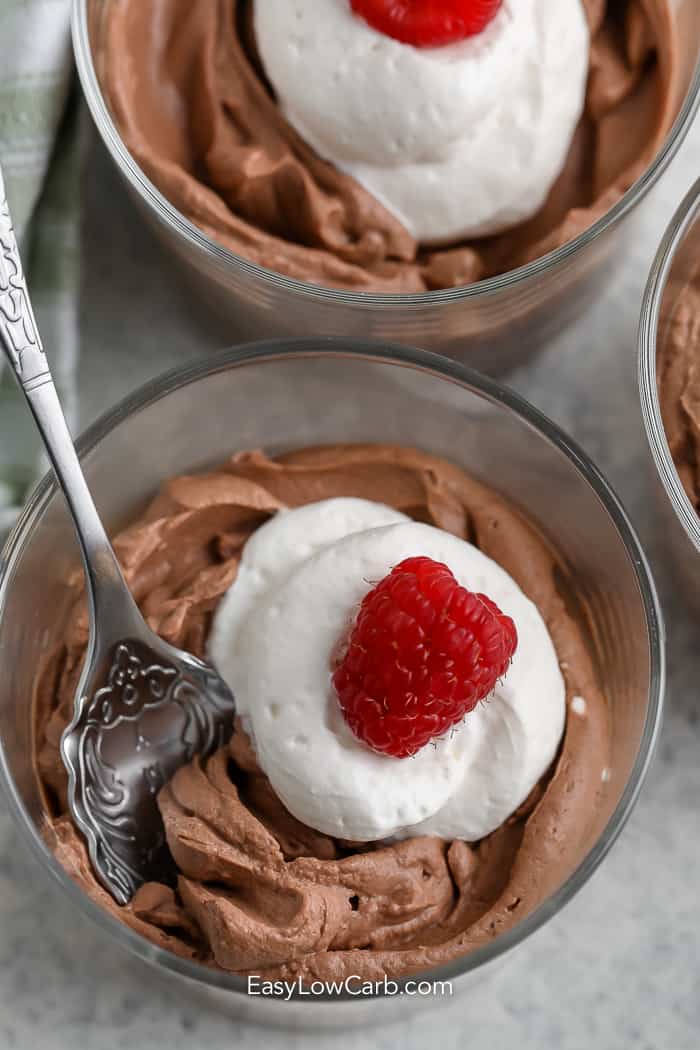 chocolate mousse in glass dish with spoon