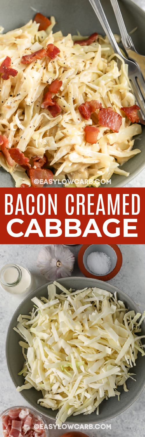 ingredients for creamed cabbage and finished creamed cabbage with text