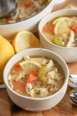 chicken lemon soup in a white bowl