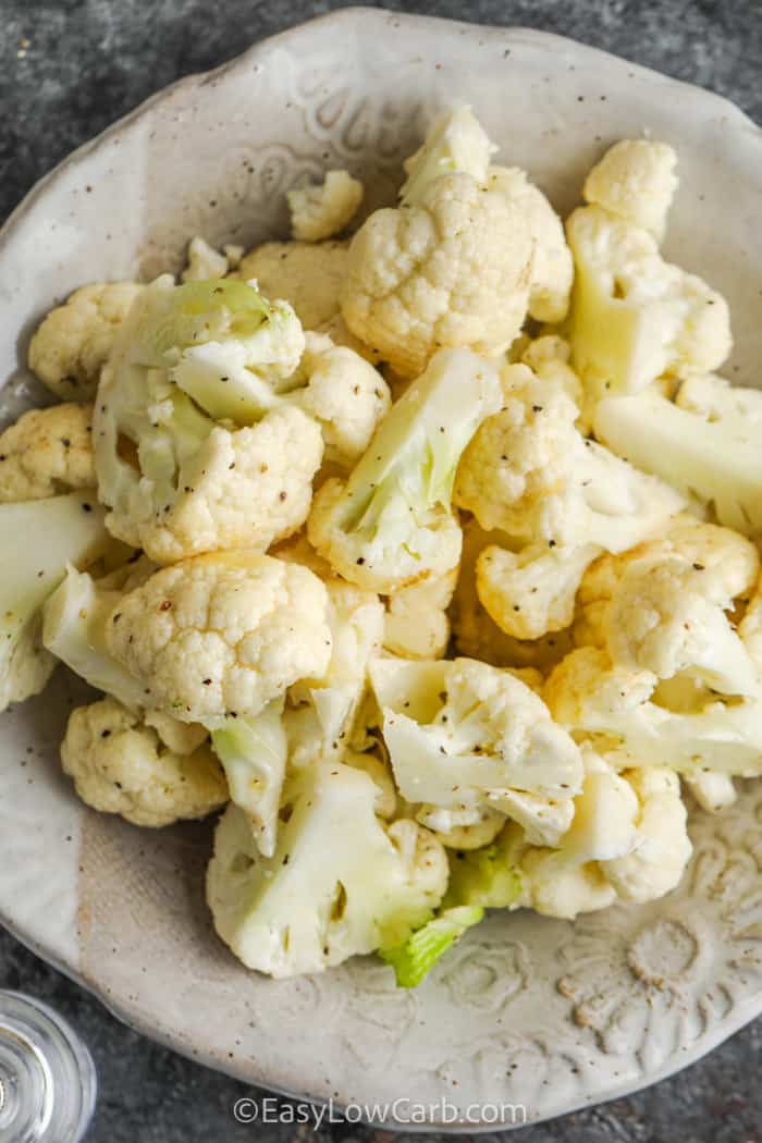 cauliflower on a plate to make Lemon Roasted Cauliflower
