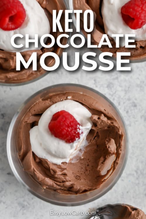 chocolate mousse in glass dishes with text