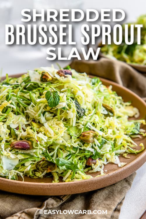 plated shredded brussel sprout slaw with text