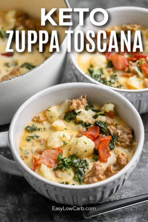 two bowls of zuppa toscana with a title