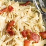 creamed cabbage and bacon with text