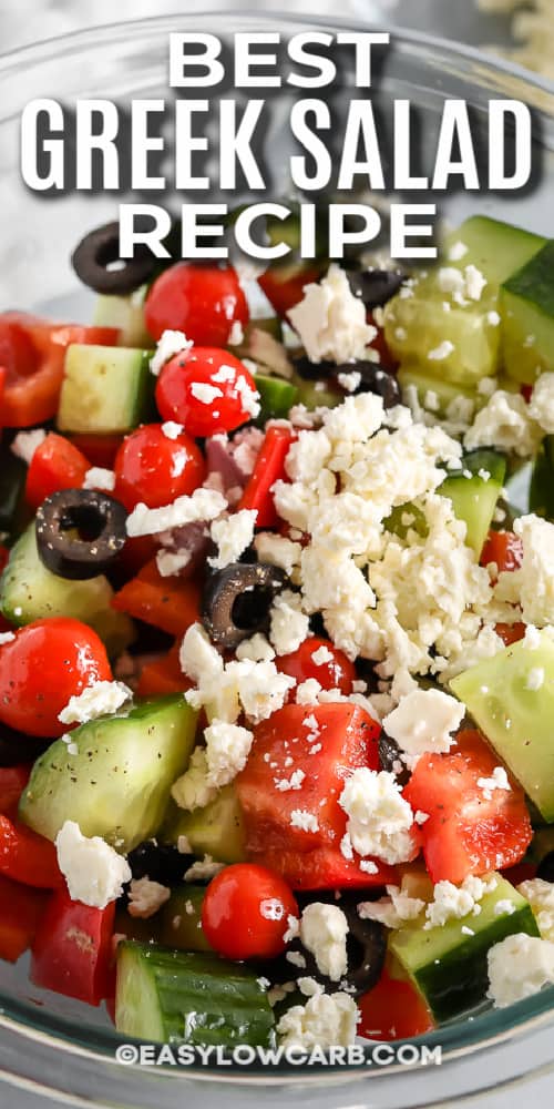 greek salad in a bowl with a title