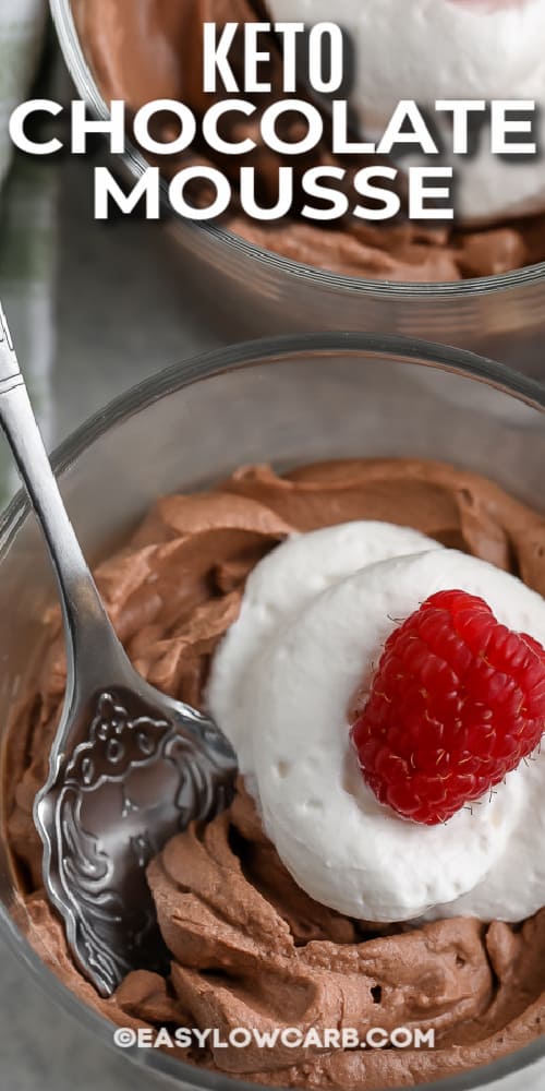 chocolate mousse in glass dish with spoon with text