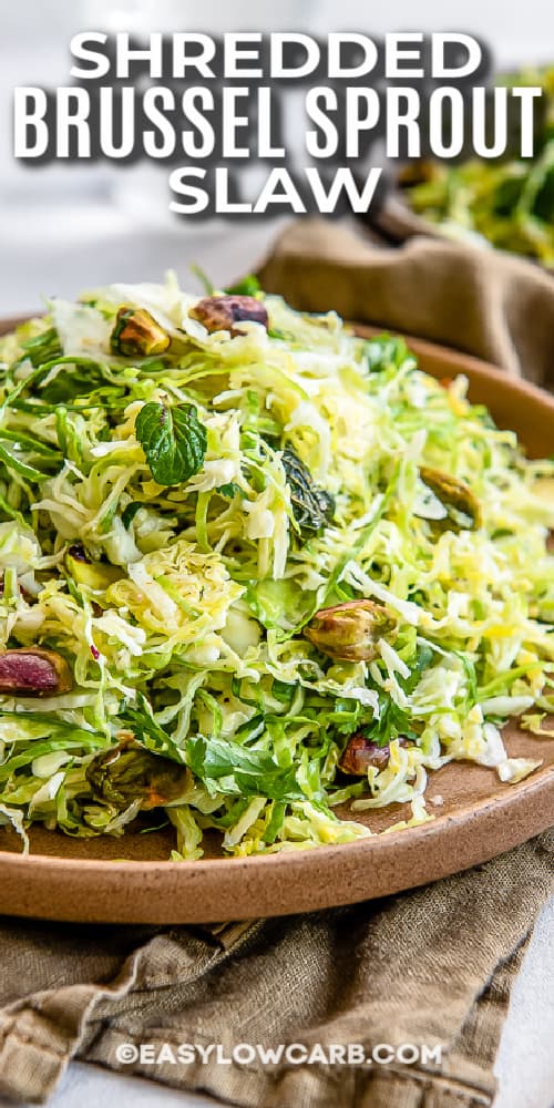 shredded brussel sprout slaw in a bowl with text